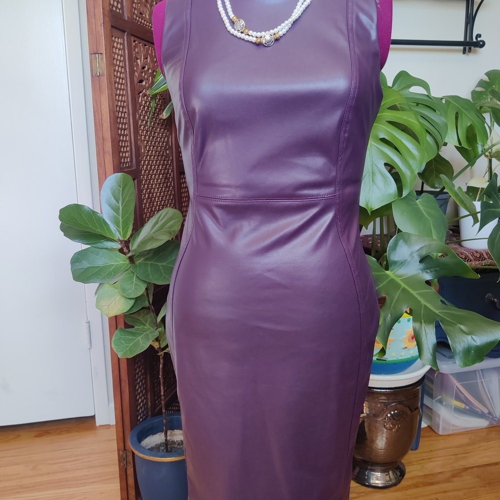 Calvin Klein Sleeveless Midi Leatherette Pencil Dress in Plum